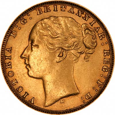 Obverse of 1877 Melbourne Mint Young Head St. George Reverse Gold Sovereign