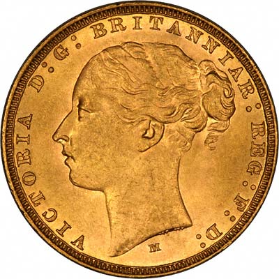 Obverse of 1883 Young Head St. George Reverse Gold Sovereign