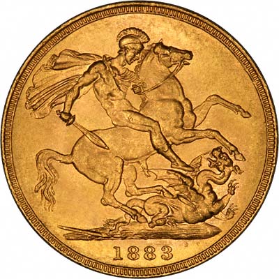 Reverse of 1883 Young Head St. George Reverse Gold Sovereign
