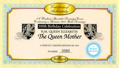 1900 Sovereign The Queen Mother - First Day Cover Certificate