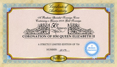 2003 Sovereign - The Queen's Coronation Jubilee - First Day Cover Certificate