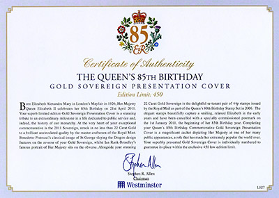 2011 sovereign pnc 85th birthday cert